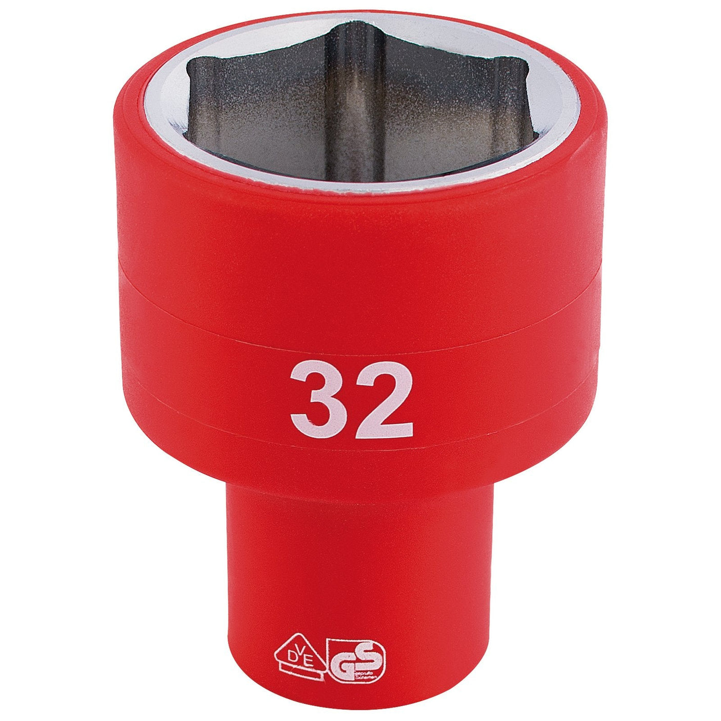 A Draper Fully Insulated Vde Socket, 1/2" Sq. Dr., 32mm - H6VDE-MM/B, marked with the number "32," crafted from chrome vanadium steel and designed for precise tightening or loosening of fasteners using 6 point sockets.