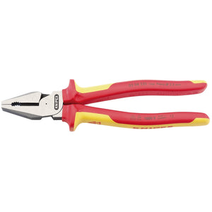 The Draper Knipex 02 08 225Uksbe Vde Fully Insulated High Leverage Combination Pliers, 225mm, feature red and yellow handles that are labeled with the Draper brand and safety information. These pliers are ideal for live line working and are crafted from high-grade tool steel, with a metal head that includes gripping jaws and a cutting edge.