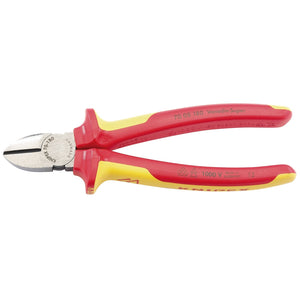 Introducing the Draper Knipex 70 08 180Uksbe VDE Fully Insulated Diagonal Side Cutters, 180mm - high-quality red and yellow insulated diagonal cutting pliers featuring "KNIPEX" and voltage rating markings on the handles. These premium tools are crafted with durable vanadium steel cutting edges.