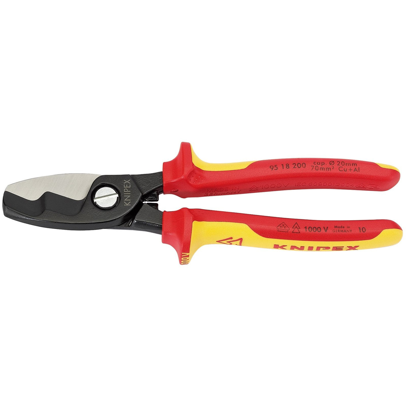 The Draper Knipex 95 18 200Uksbe Vde Fully Insulated Cable Shears, 200mm - 95 18 200 UKSBE, featuring red and yellow handles, are designed to cut copper and aluminum cables up to 20mm in diameter. They are rated for 1000V electrical work and tested to EN 60900 standards.