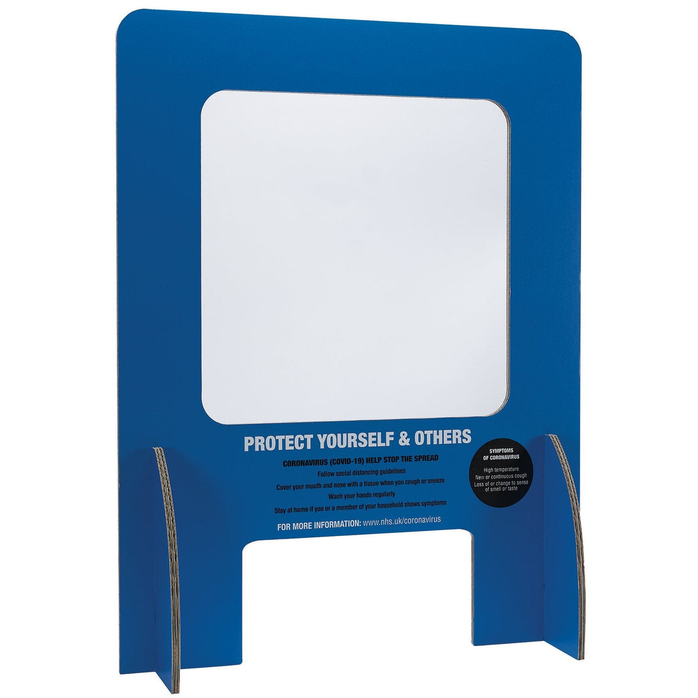 The Draper Sneeze Guard - CTSG-600X800MM is a blue desk barrier featuring a transparent window and the text "Protect Yourself & Others" alongside COVID-19 prevention instructions. It's specifically designed as a COVID screen for reception desks to help block germs.