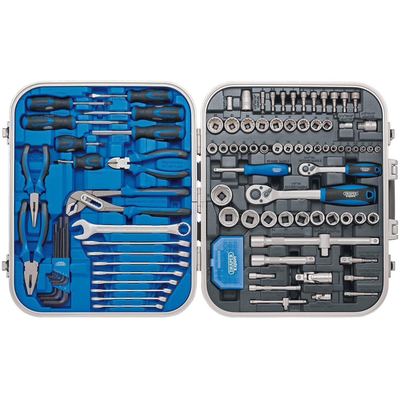 An open tool case displaying the Draper Expert Mechanic's Tool Kit (127 Piece) - TK127 reveals an array of workshop tools, such as screwdrivers, pliers, wrenches, and sockets, all meticulously crafted from chrome vanadium steel and securely organized in designated slots—ideal for any mobile engineer.