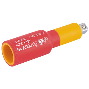 Image of a Draper VDE Approved Fully Insulated Extension Bar, 1/4" Sq. Dr., 50mm (B-EXT-VDE) in red and yellow, featuring labeling, safety markings, and secure socket retention for live working.