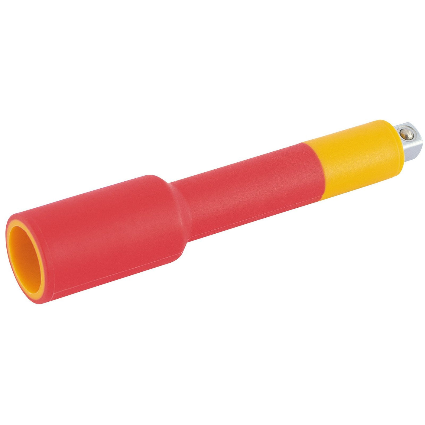 The Draper VDE Approved Fully Insulated Extension Bar, 1/4" Sq. Dr., 75mm - B-EXT-VDE, is a red and yellow insulated socket extension tool with a metallic connector end. It is designed for safe use in electrical applications up to 10,000V and features enhanced socket retention to ensure a secure fit during use.