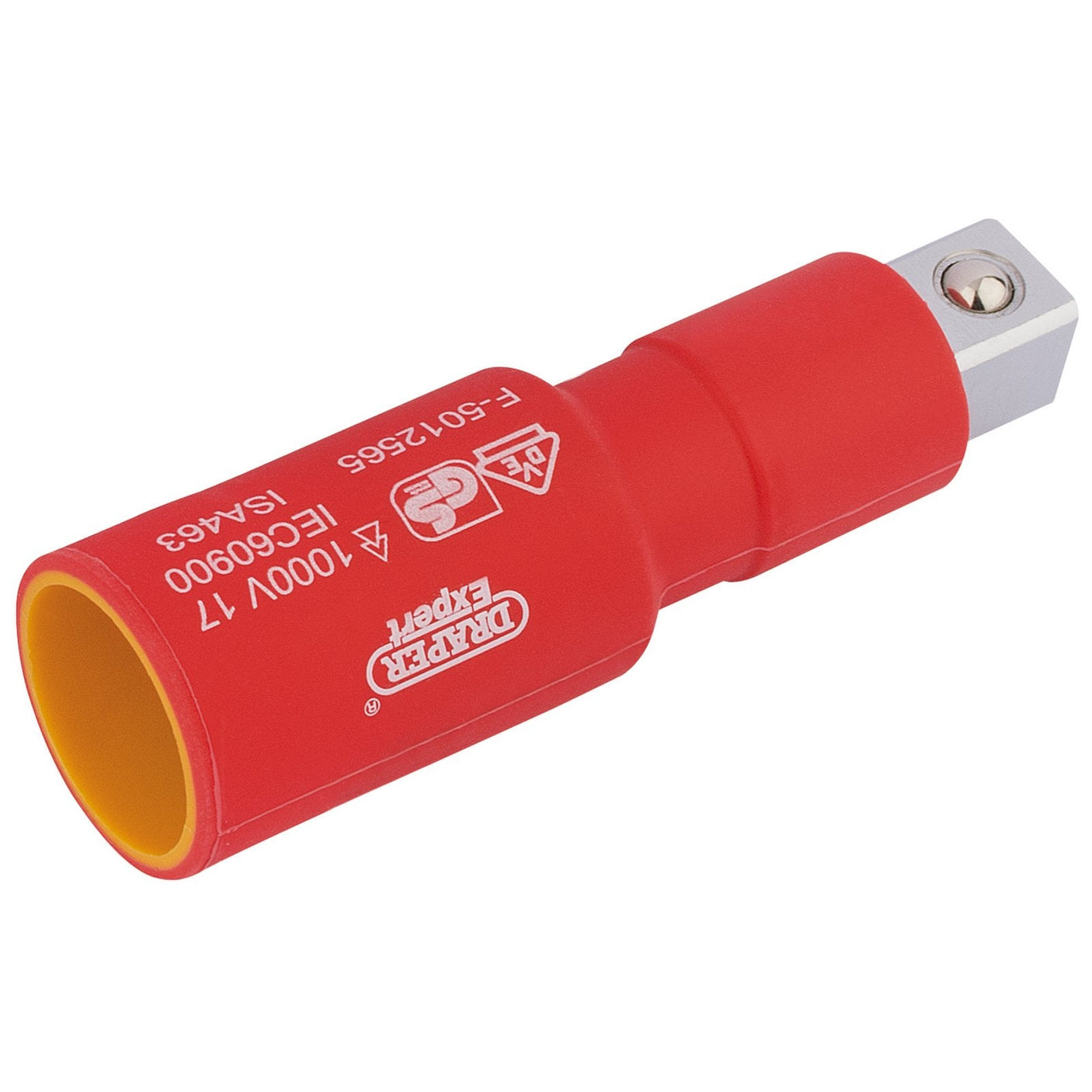 The Draper Vde Approved Fully Insulated Extension Bar, 1/2" Sq. Dr., 75mm - H-EXT-VDE/B, features a metallic connector and is labeled with safety markings and specifications including "1000V, 17, IEC60900." This red insulated extension bar is expertly designed for live working applications and ensures secure socket retention.