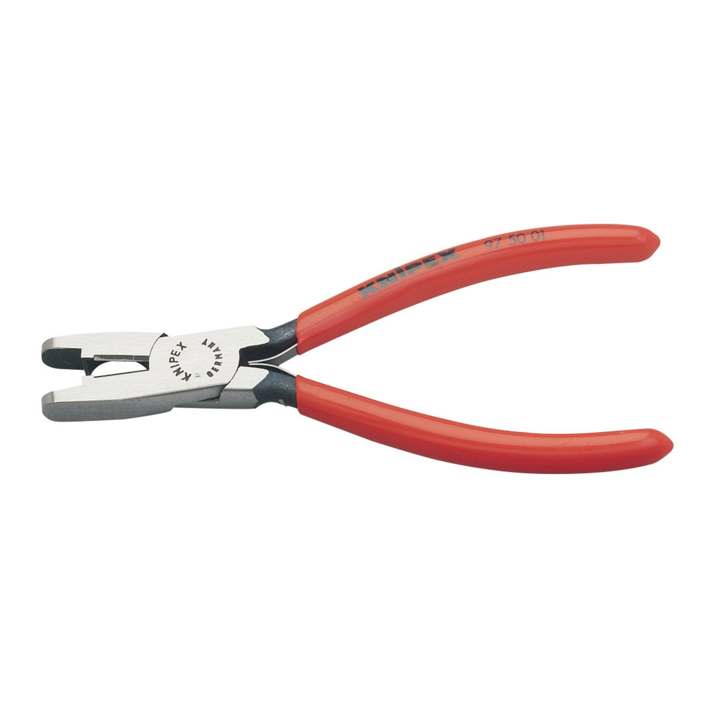 The Draper Knipex 97 50 01 Scotch Lock® Crimping Pliers, featuring red handles and measuring 200mm, are ideal for crimping ScotchLok terminals in the electronic telecommunications and automotive industries.