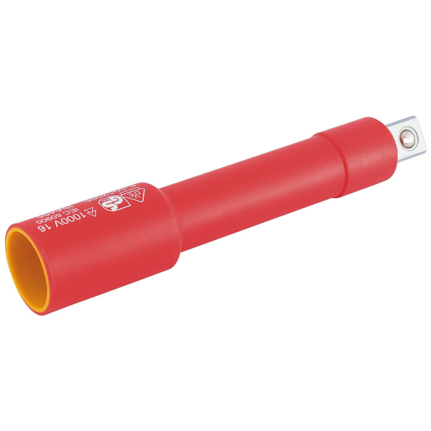 The Draper VDE Approved Fully Insulated Extension Bar, 1/2" Sq. Dr., 125mm - H-EXT-VDE/B is a red insulated extension bar used for electrical work, featuring a safety warning label and a metal connector tip. This expert-quality tool is rated for up to 1,000V and ensures socket retention during use.