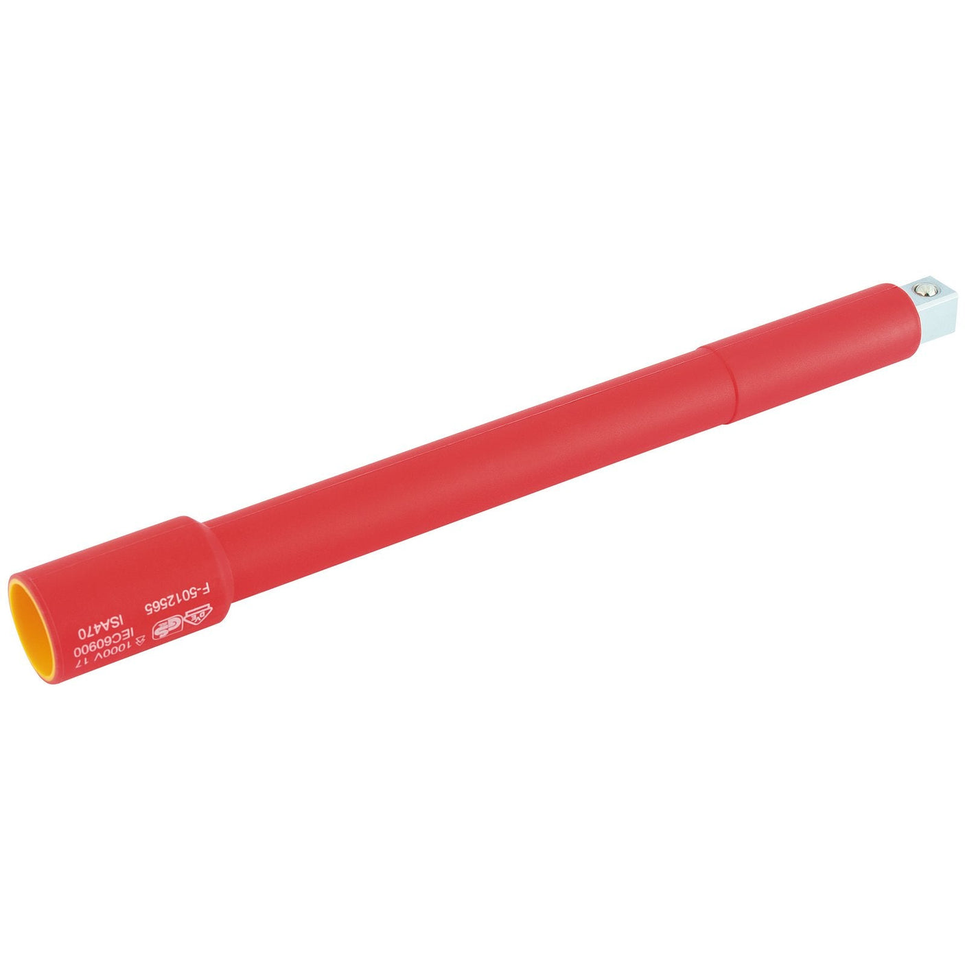 Expert Quality Draper Vde Approved Fully Insulated Extension Bar, 1/2" Sq. Dr., 250mm, with a metallic connector on one end, rated for 1000V AC. It's designed for attaching sockets securely in various tool applications, ensuring reliable socket retention.