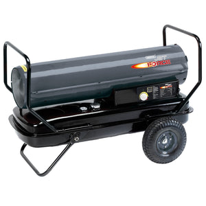 The Draper Jet Force Diesel and Kerosene Space Heater, 175,000 Btu/51 Kw - DSH1750 is a portable and fuel-efficient industrial heater with wheels and a handle for easy transport. It features a striking black design with red and yellow detailing, and comes equipped with an automatic ignition system.