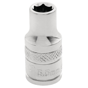 A Draper Hi-Torq® 6 Point Socket, 1/4" square drive and 5.5mm size, featuring a knurled grip and polished finish, made from chrome vanadium steel for use with ratchet wrenches.