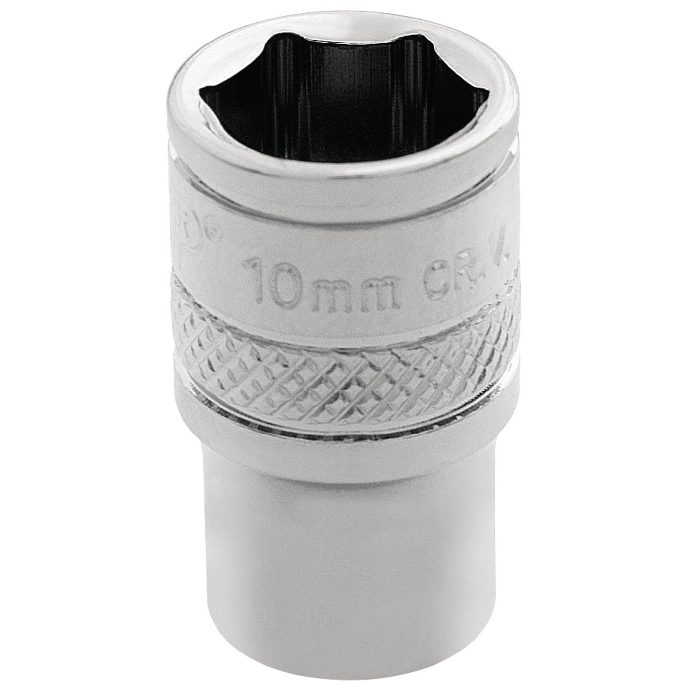 A close-up of the Draper Hi-Torq® 6 Point Socket, 1/4" Sq. Dr., 10mm - B-MM/B, made from chrome vanadium steel with a hexagonal opening and knurled ring, designed for fitting over bolt heads or nuts.