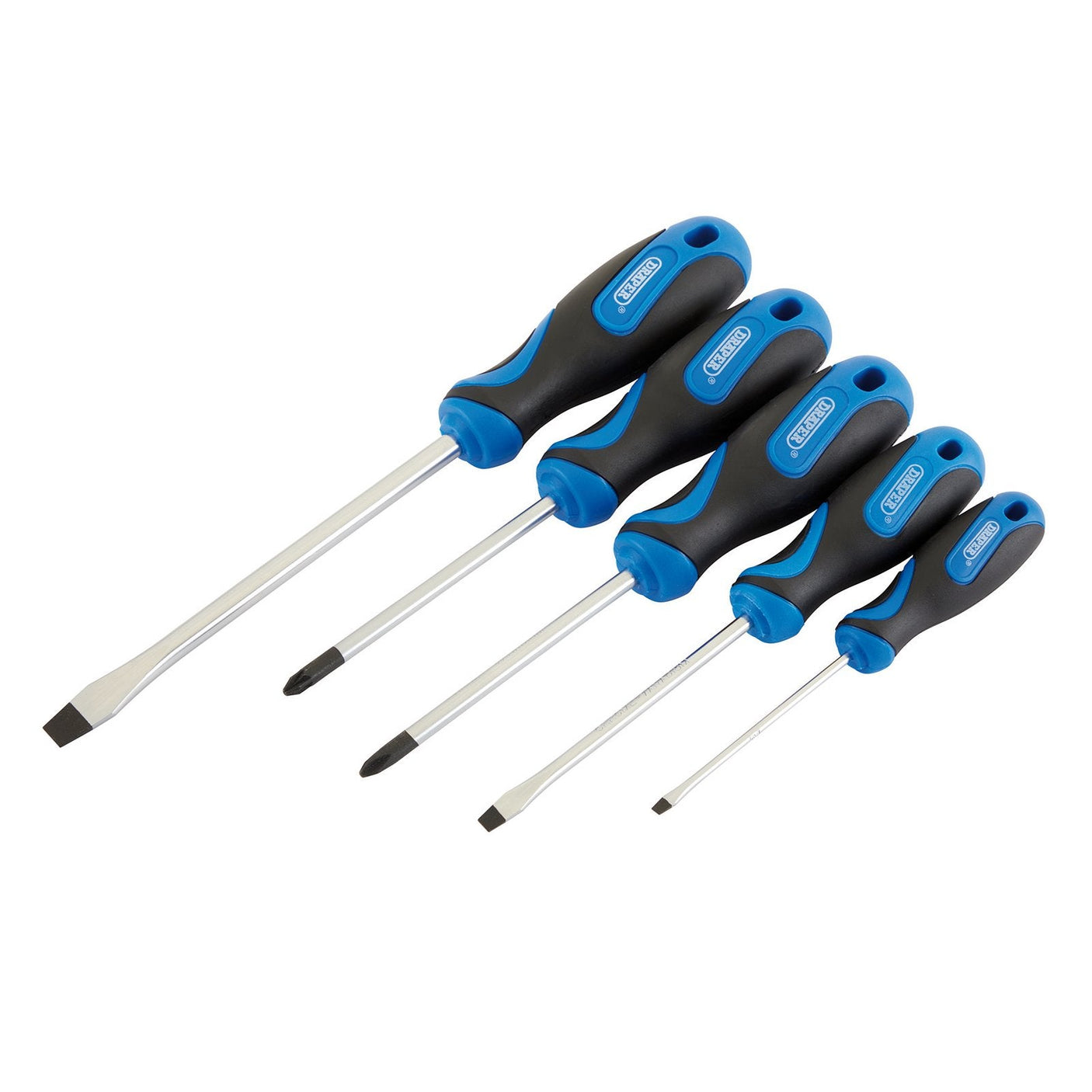 The Draper Soft Grip Screwdriver Set (865/5B) includes five pieces with blue and black soft grip handles. Featuring durable chrome vanadium steel construction, the set comprises 3 plain slot, 1 cross slot, and 1 Pz type screwdrivers in various sizes.