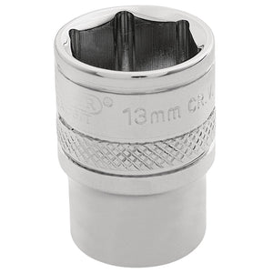 The Draper Hi-Torq® 6 Point Socket, 1/4" Sq. Dr., 13mm - B-MM/B is a chrome-plated socket crafted from durable chrome vanadium steel. It features a knurled grip and visible size marking, making it perfect for tightening or loosening bolts and nuts.