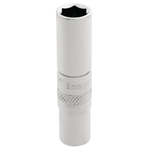 A Draper Hi-Torq® 6 Point Deep Socket, 1/4" Sq. Dr., 8mm - BT-MM/B, featuring a shiny silver finish, crafted from chrome vanadium steel with a 6 point deep socket on one end and a knurled grip in the middle.