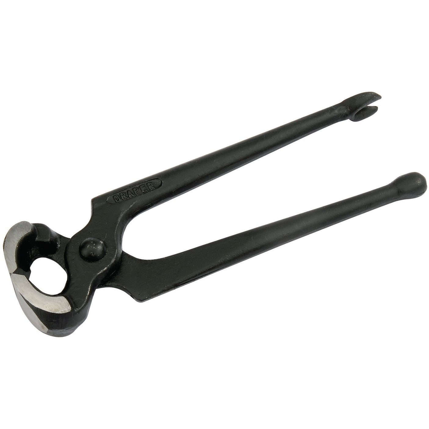 The Draper Ball And Claw Carpenters Pincer, 175mm - 121S2, is a dark-colored pair of end cutting pliers featuring a black paint finish and hardened jaws, displayed on a white background.