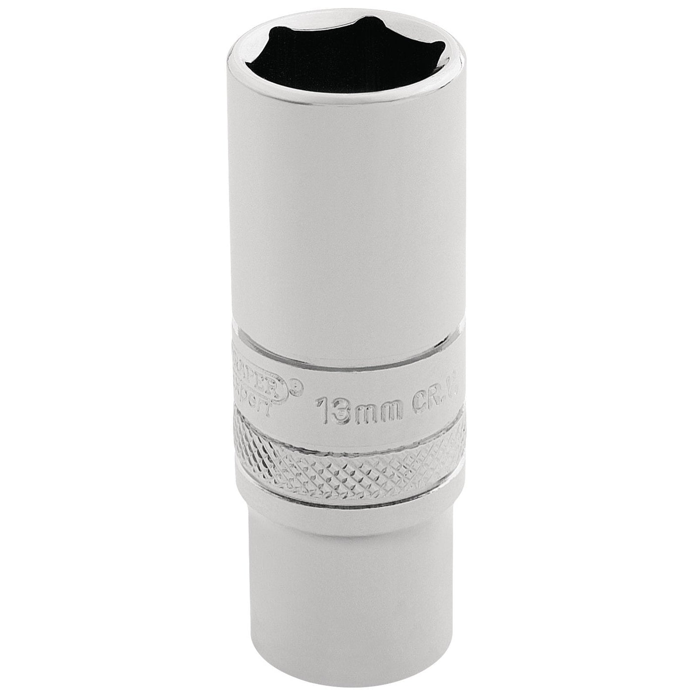 The Draper Hi-Torq® 6 Point Deep Socket, 1/4" Sq. Dr., 13mm - BT-MM/B is constructed from durable chrome vanadium steel and features a polished finish along with a knurled grip.