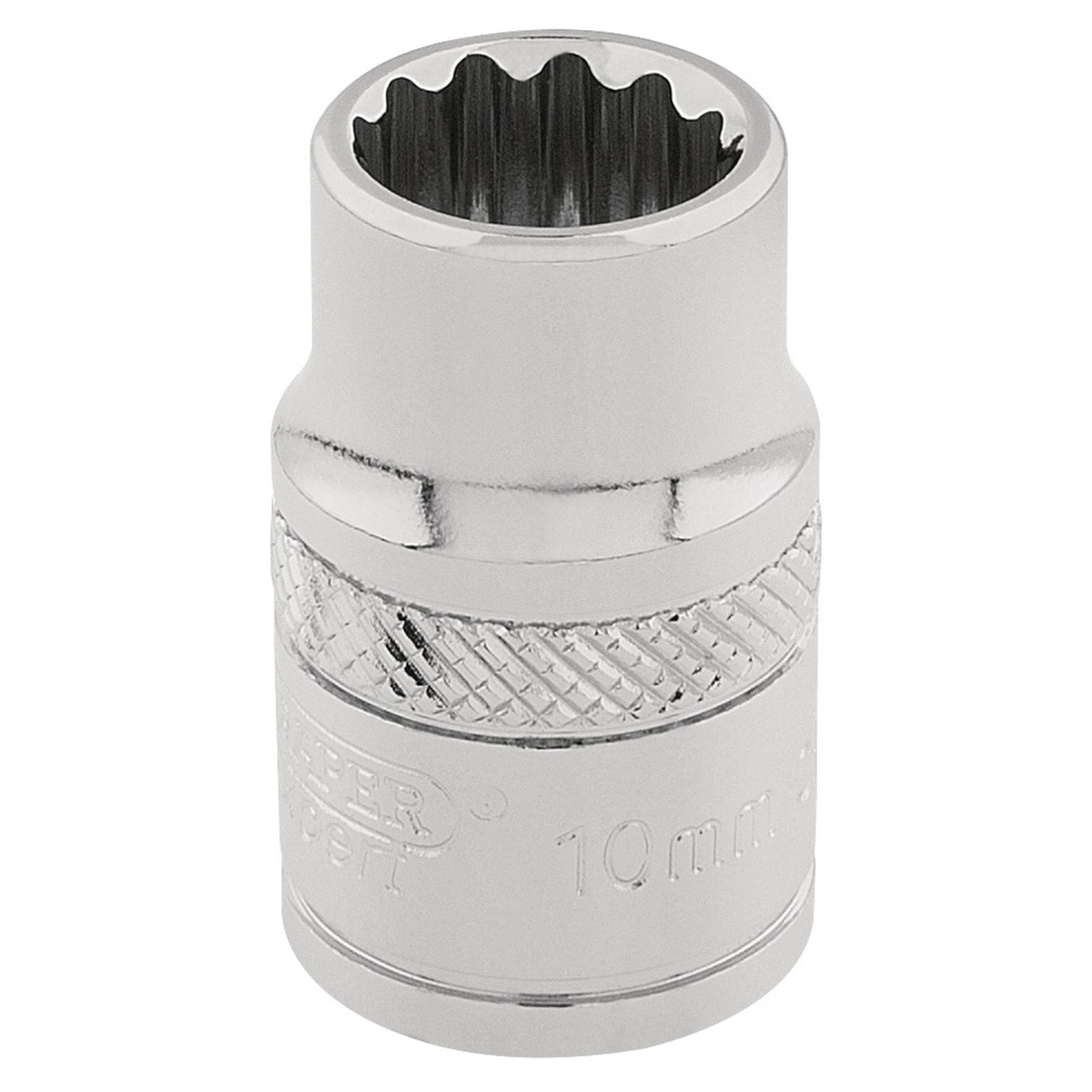 A Draper Hi-Torq® 12 Point Socket, 3/8" Sq. Dr., 10mm - D-MM/B, made from chrome vanadium steel and featuring a knurled ring for enhanced grip, designed for use with a socket wrench.