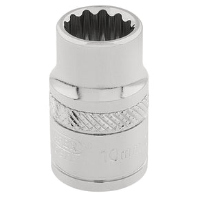 A Draper Hi-Torq® 12 Point Socket, 3/8" Sq. Dr., 10mm - D-MM/B, made from chrome vanadium steel and featuring a knurled ring for enhanced grip, designed for use with a socket wrench.