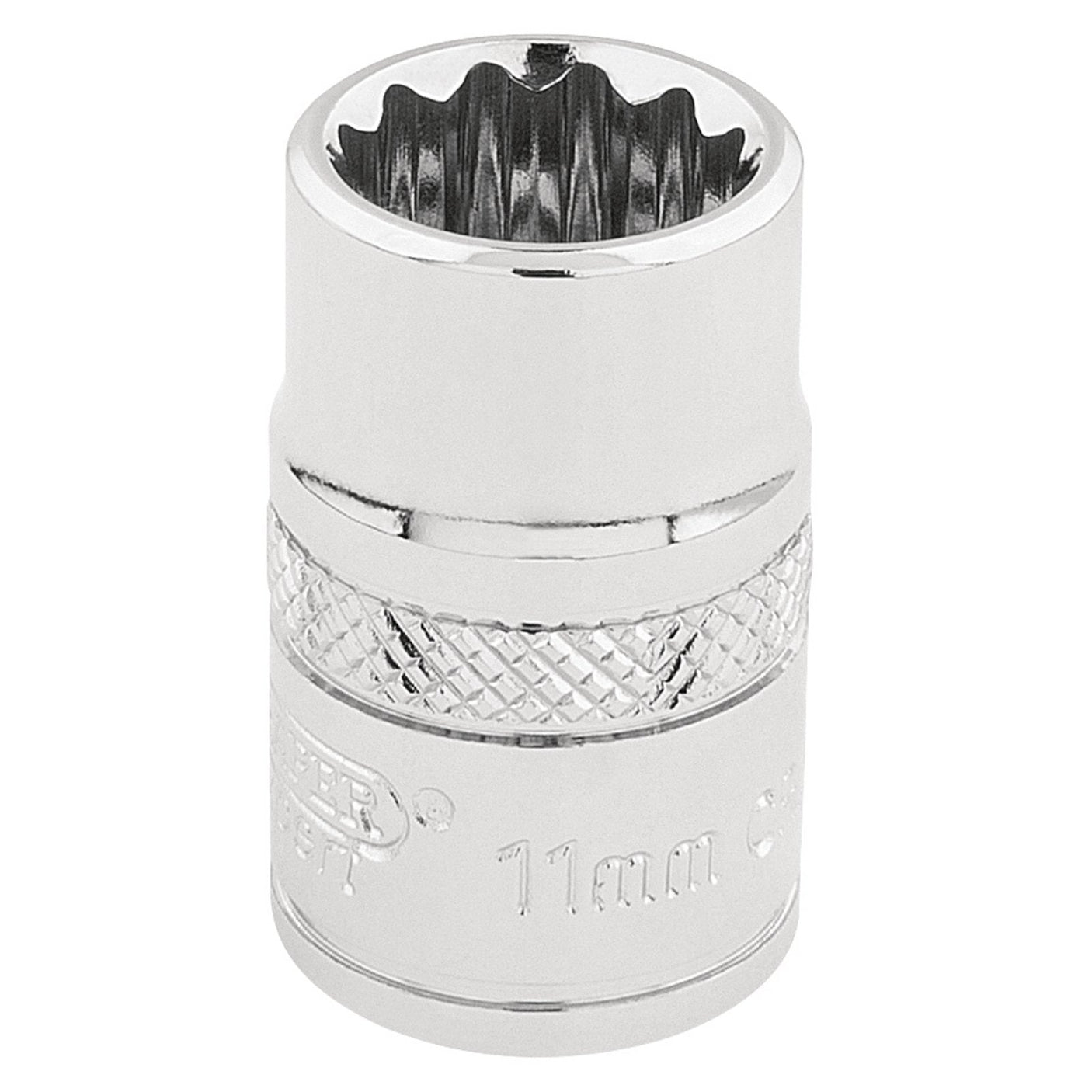 A Draper Hi-Torq® 12 Point Socket, 3/8" Sq. Dr., 11mm - D-MM/B featuring a polished finish and a textured grip section.