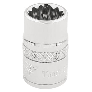 A Draper Hi-Torq® 12 Point Socket, 3/8" Sq. Dr., 11mm - D-MM/B featuring a polished finish and a textured grip section.