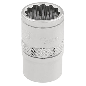 A Draper Hi-Torq® 12 Point Socket, 3/8" Sq. Dr., 12mm - D-MM/B, made from chrome vanadium steel with a knurled ring grip, designed for use with a ratchet handle.