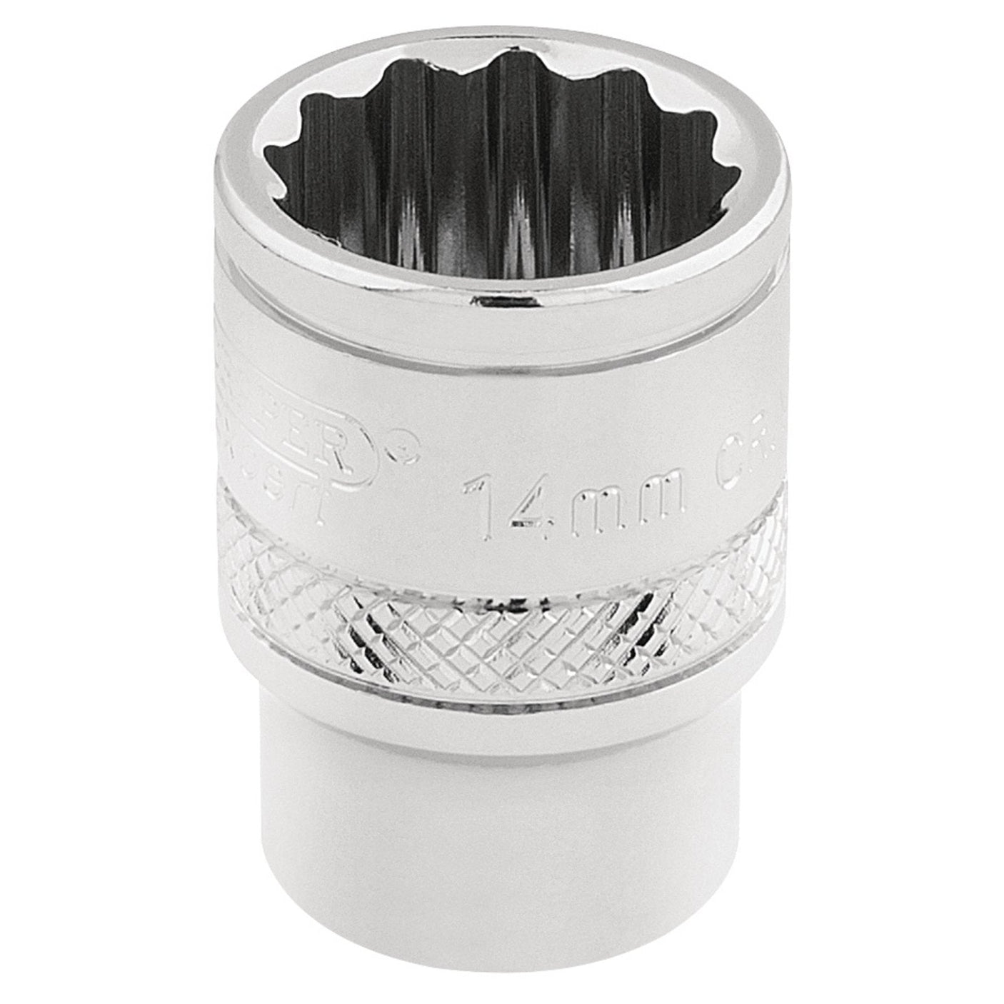 A Draper Hi-Torq® 12 Point Socket, 3/8" Sq. Dr., 14mm socket wrench head made from chrome vanadium steel, featuring engraved text and a knurled ring for grip.