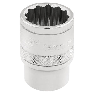 A Draper Hi-Torq® 12 Point Socket, 3/8" Sq. Dr., 14mm socket wrench head made from chrome vanadium steel, featuring engraved text and a knurled ring for grip.