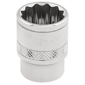 A close-up of a Draper Hi-Torq® 12 Point Socket, 3/8" Sq. Dr., 16mm - D-MM/B, made from chrome vanadium steel with a knurled grip and a pattern of recessed points on the open end, conforming to DIN3122 standards.