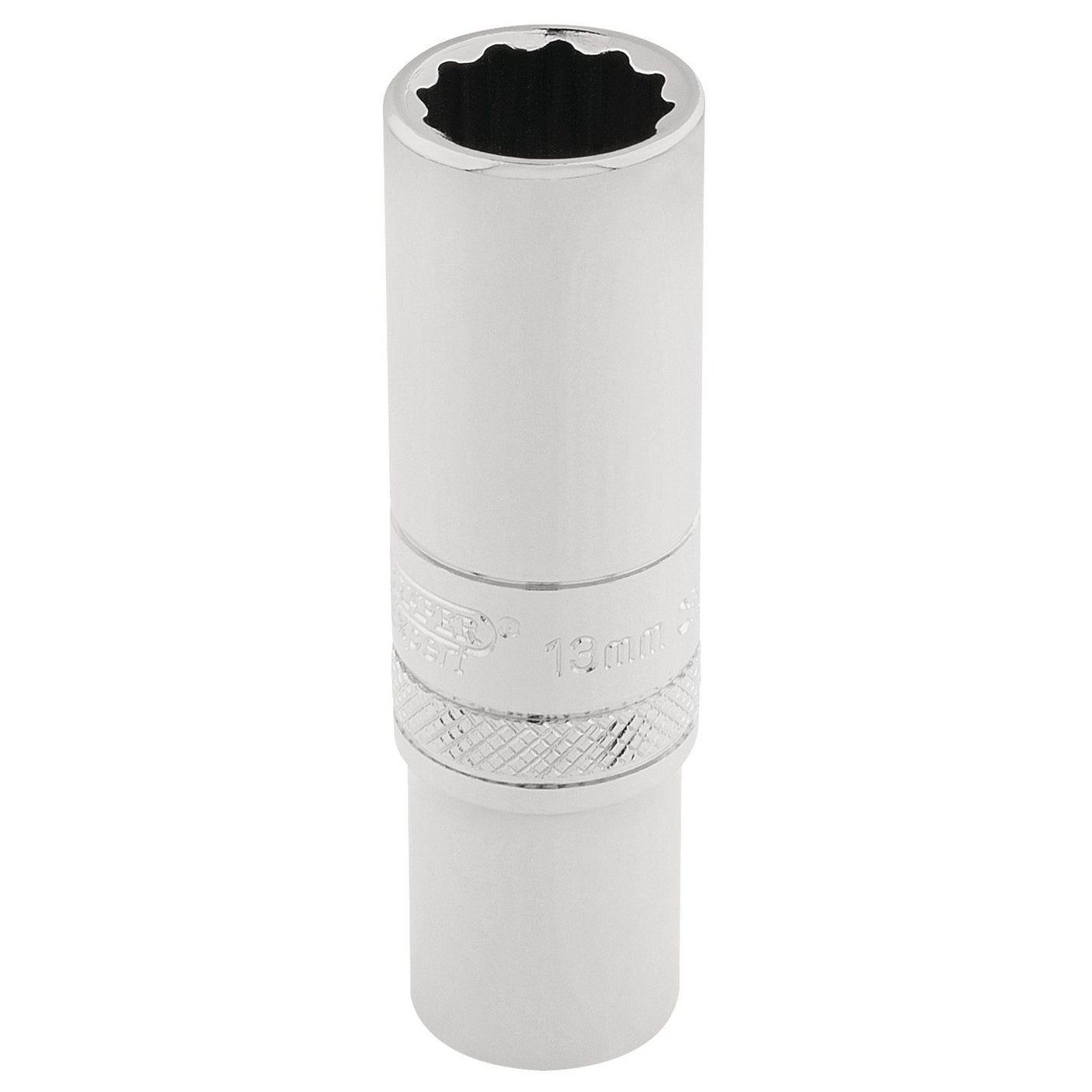 An image of the Draper Hi-Torq® 12 Point Deep Socket, 3/8" Sq. Dr., 12mm - DT-MM/B, labeled with “12mm” on its surface, featuring a knurled ring in the middle section and crafted from durable chrome vanadium steel.