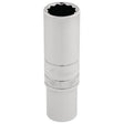 The Draper Hi-Torq® 12 Point Deep Socket, 3/8" Sq. Dr., 13mm - DT-MM/B is a deep socket wrench made from durable chrome vanadium steel. It features a polished, metallic finish and a knurled ring for enhanced grip. Its interior showcases a 12-point design, ideal for tightening or loosening bolts and nuts.