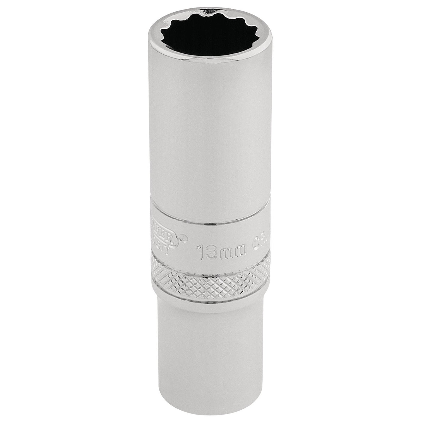 The Draper Hi-Torq® 12 Point Deep Socket, 3/8" Sq. Dr., 13mm - DT-MM/B is a deep socket wrench made from durable chrome vanadium steel. It features a polished, metallic finish and a knurled ring for enhanced grip. Its interior showcases a 12-point design, ideal for tightening or loosening bolts and nuts.