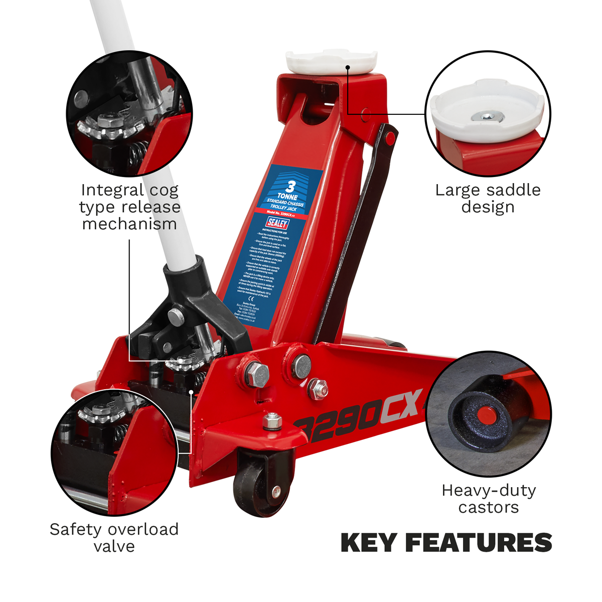 The Sealey Trolley Jack 3 Tonne - 3290CX is a red jack with a versatile lifting range, boasting key features such as an integral cog type release mechanism, large saddle design, safety overload valve, and heavy-duty castors.