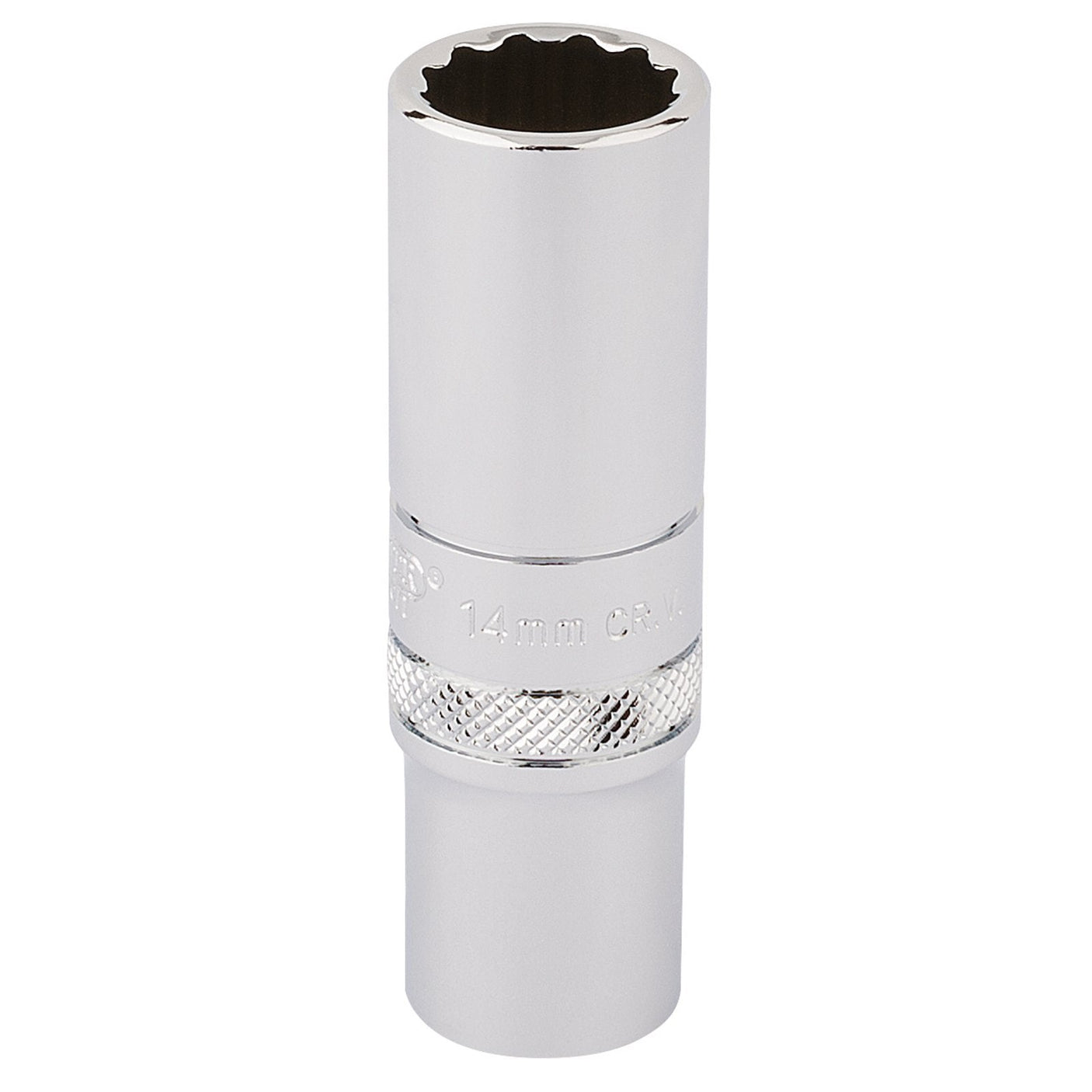 A Draper Hi-Torq® 12 Point Deep Socket, 3/8" Sq. Dr., 14mm - DT-MM/B made from chrome vanadium steel with a textured grip section.