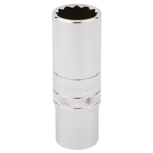 A Draper Hi-Torq® 12 Point Deep Socket, 3/8" Sq. Dr., crafted from durable chrome vanadium steel with a knurled grip section in the middle, designed for mechanical and automotive use, measuring 16mm.