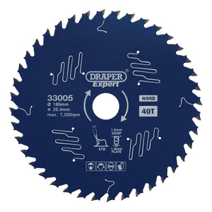 A blue Draper Expert Tct Circular Saw Blade for wood with PTFE coating, 185mm diameter, 40 teeth, labeled "SBE2," max 7,200 RPM, featuring safety icons and technical details.