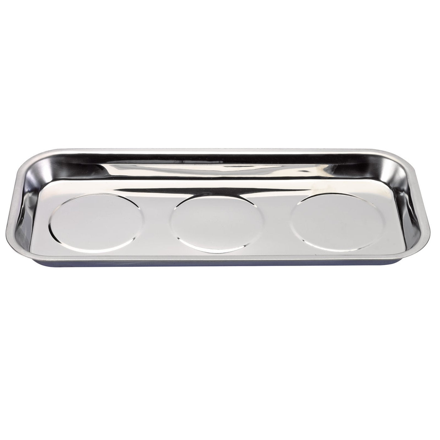 The Draper Stainless Steel Magnetic Parts Tray - MPT4B is a rectangular tray featuring three circular indentations, ideal for organizing small metal parts.