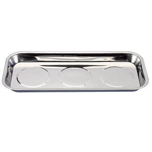 The Draper Stainless Steel Magnetic Parts Tray - MPT4B is a rectangular tray featuring three circular indentations, ideal for organizing small metal parts.