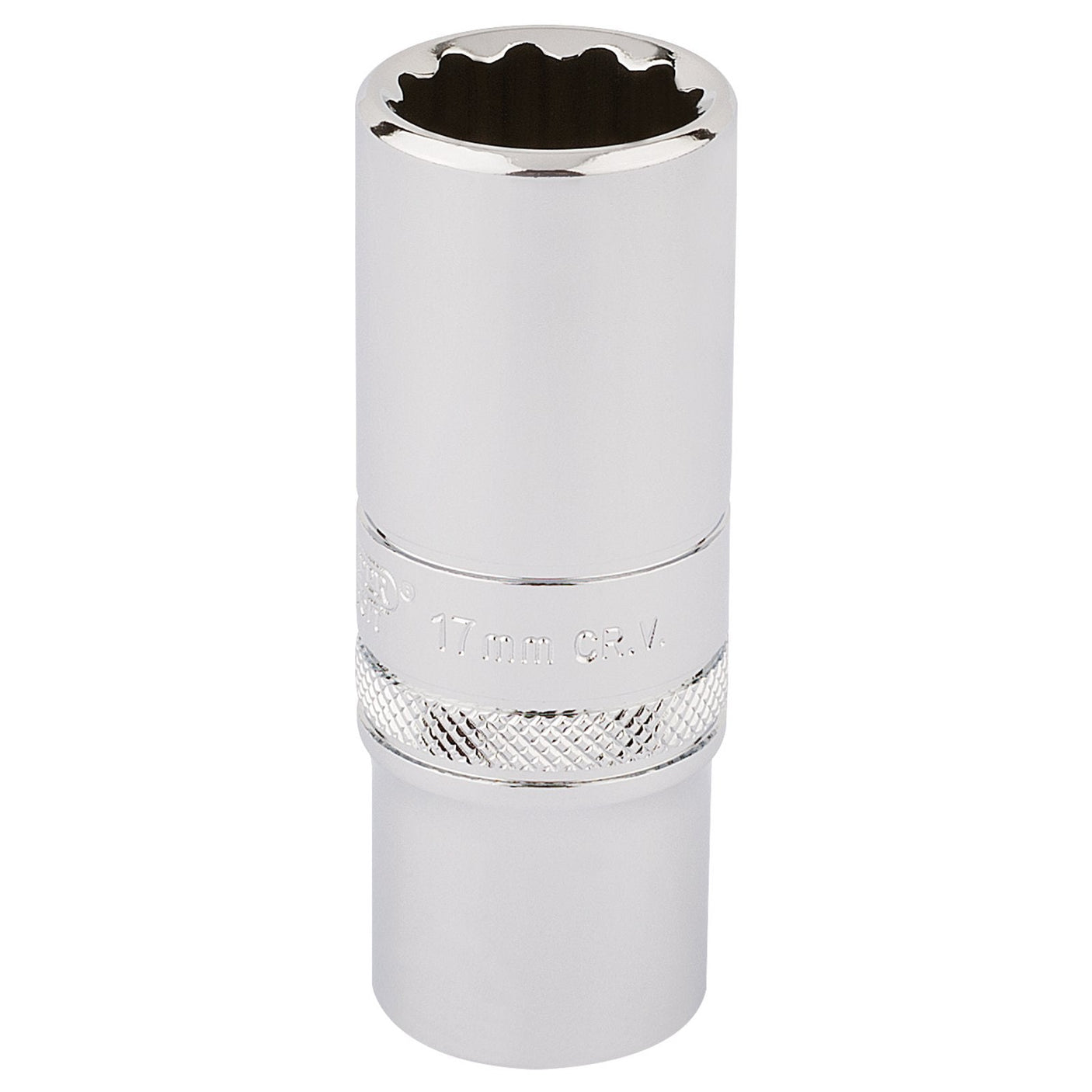 A close-up image of the Draper Hi-Torq® 12 Point Deep Socket, 3/8" Sq. Dr., 17mm - DT-MM/B, made from chrome vanadium steel and featuring "17mm Cr.V" etched onto its shiny silver surface.