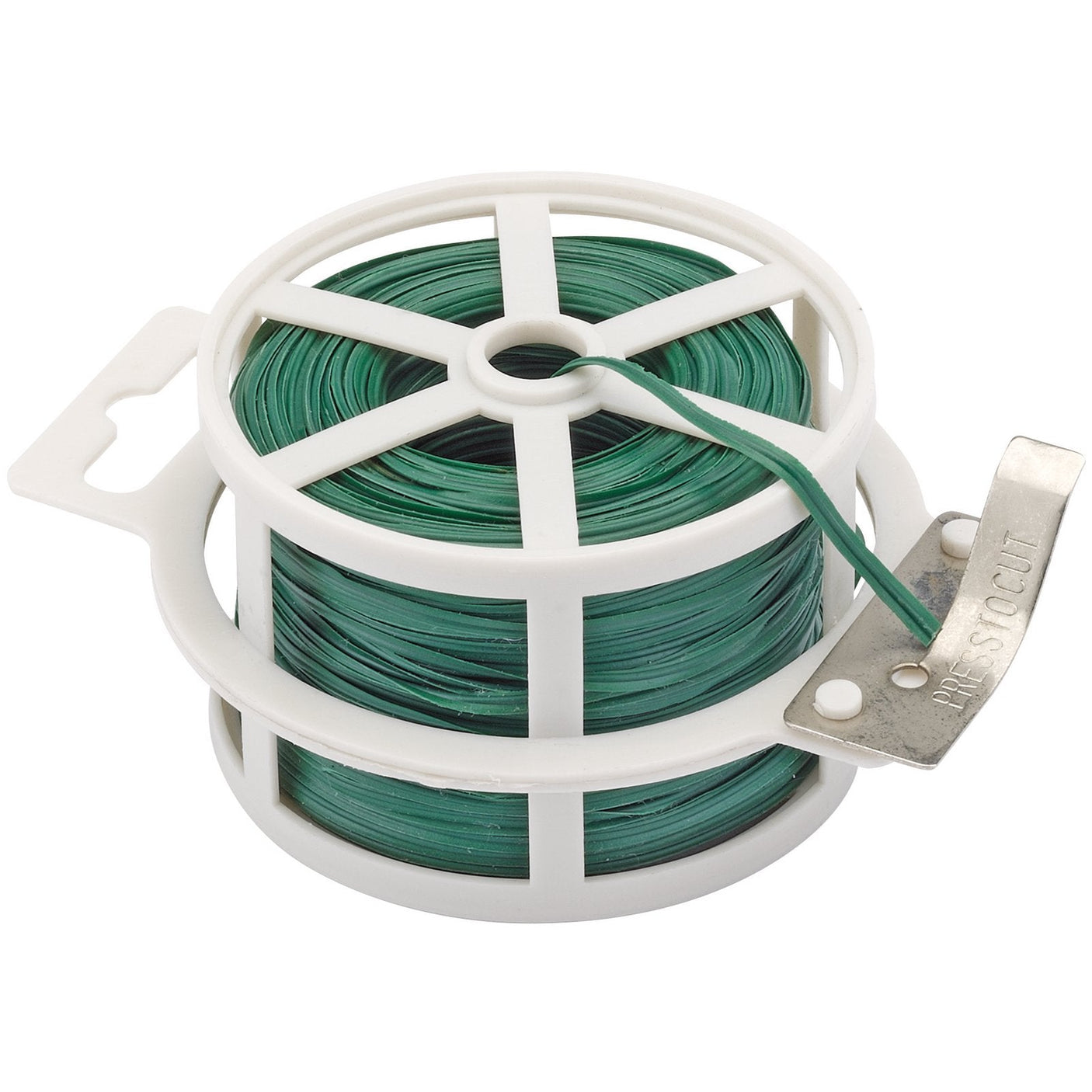 A spool of Draper Garden Tying Wire (50M - TT50CN) in green, featuring a white plastic holder and an integrated metal cutter.