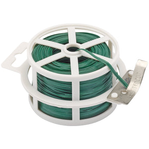 A spool of Draper Garden Tying Wire (50M - TT50CN) in green, featuring a white plastic holder and an integrated metal cutter.