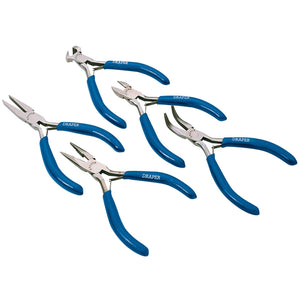 Draper Carbon Steel Mini Plier Set (5 Piece) - 38A/5, featuring blue-handled Draper pliers arranged on a white background, includes long nose pliers, slip joint pliers, diagonal side cutters, lineman's pliers, and end cutting pliers.