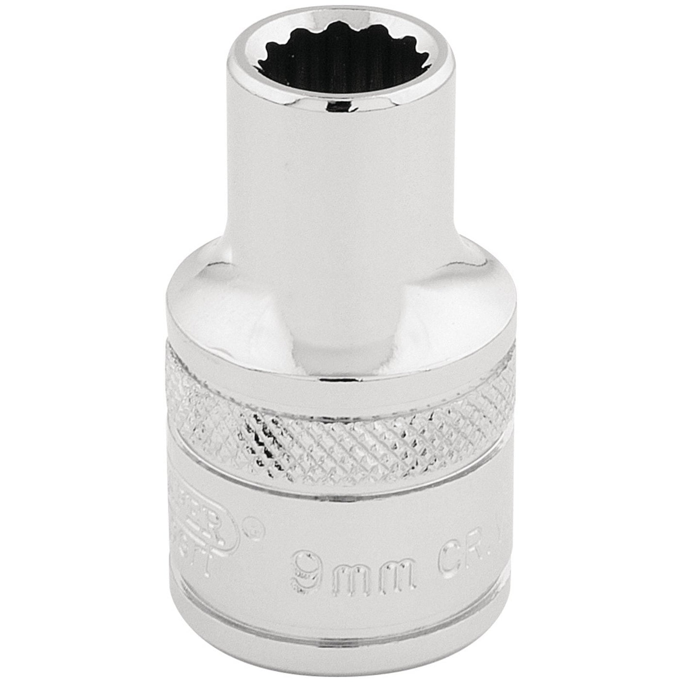 A silver Draper Hi-Torq® 12 Point Socket, 1/2" Sq. Dr., 9mm - H-MM/B, made from durable chrome vanadium steel with a knurled grip.