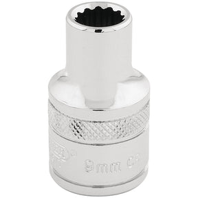 A silver Draper Hi-Torq® 12 Point Socket, 1/2" Sq. Dr., 9mm - H-MM/B, made from durable chrome vanadium steel with a knurled grip.