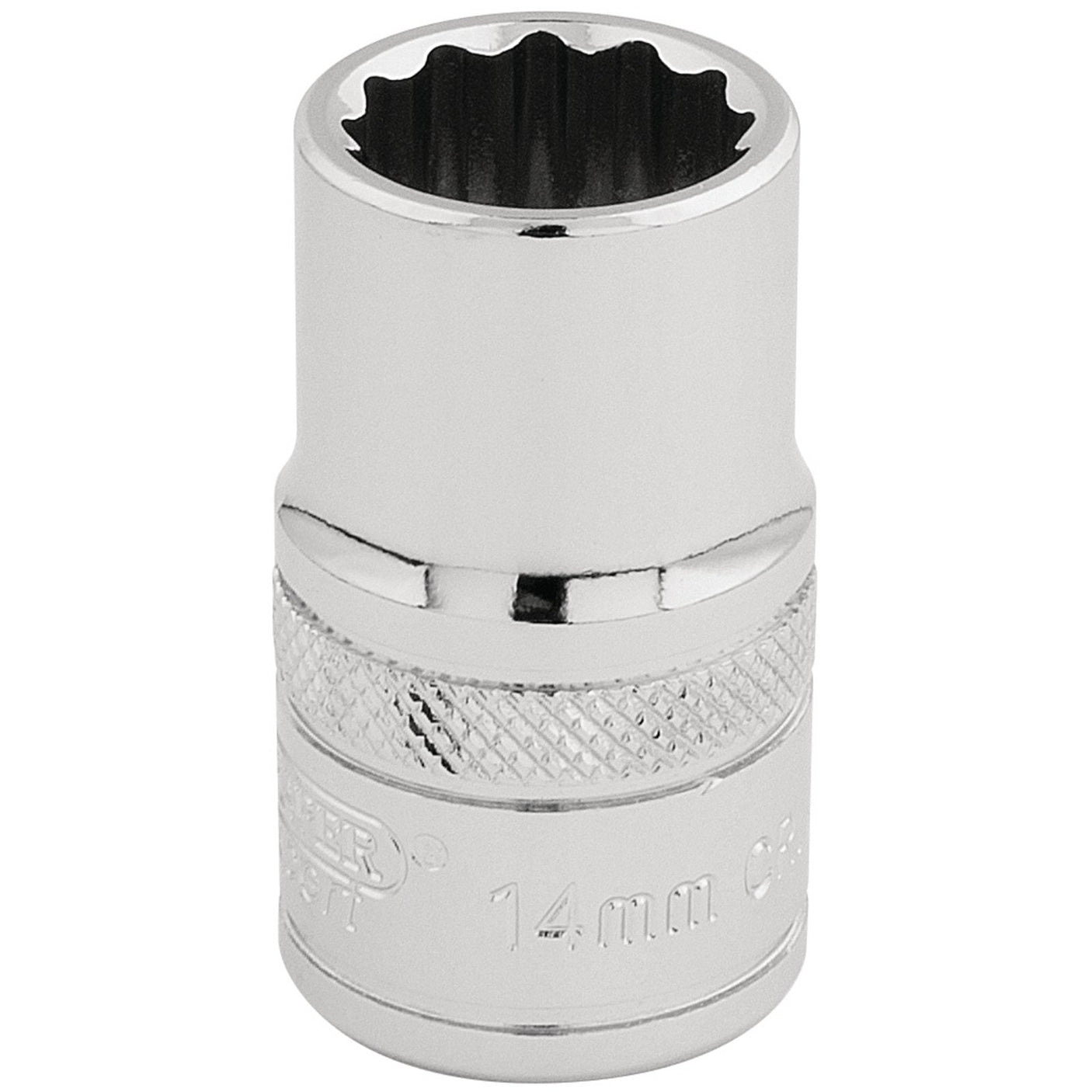 A Draper Hi-Torq® 12 Point Socket, 1/2" Sq. Dr., 14mm - H-MM/B, featuring a shiny metallic finish and a knurled ring, made from durable chrome vanadium steel.