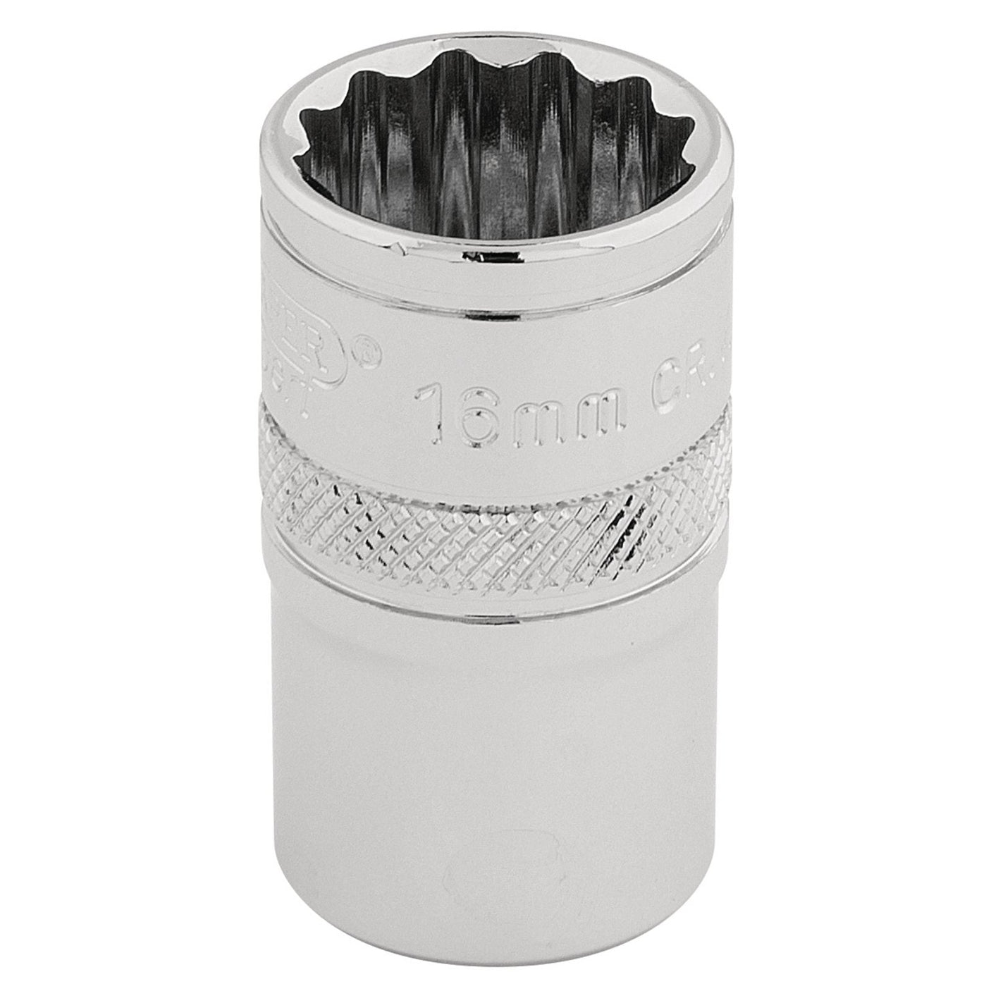 The Draper Hi-Torq® 12 Point Socket, 1/2" Sq. Dr., 16mm - H-MM/B is made from chrome vanadium steel and features a knurled ring on the lower half for enhanced grip.