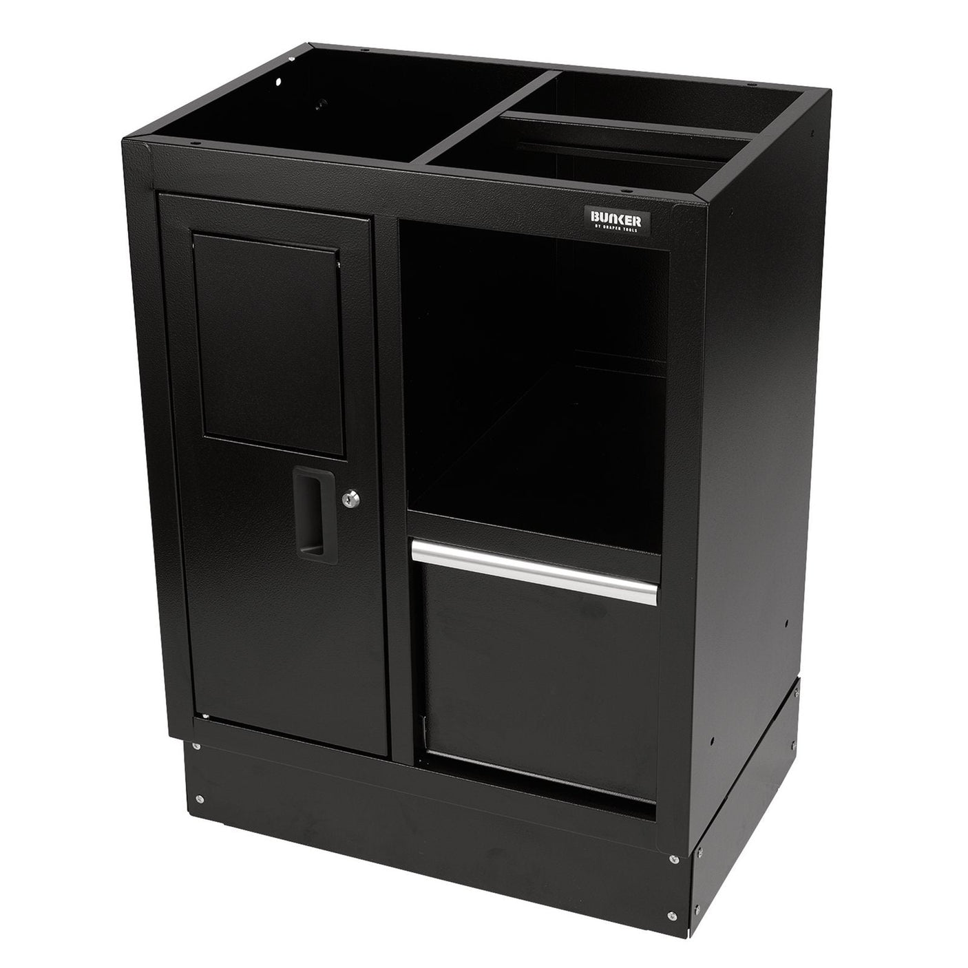 The Draper Bunker® Modular Multi-Function Floor Cabinet, 680mm - MS400-MBC, features a black metal cabinet with two compartments—one enclosed by a door and the other open—plus a drawer at the bottom. This premium-quality steel unit boasts a durable matt black textured finish.