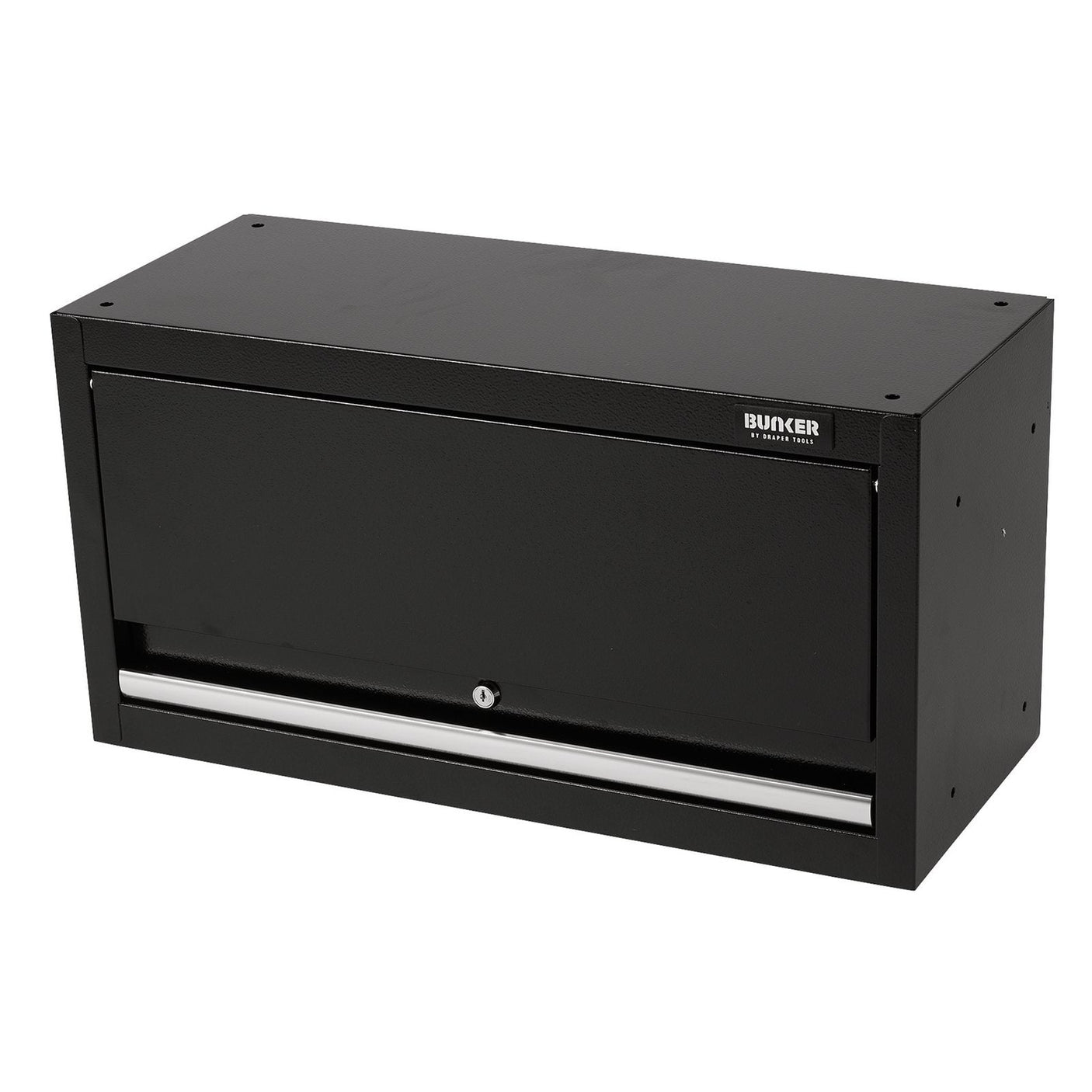 A black, rectangular steel wall cabinet, the Draper Bunker® Modular Wall Cabinet (MS400-1WC), features a small lock at the bottom center and the brand label "Draper" on the top right corner. This key cabinet is enhanced with industrial powder coating for durability.