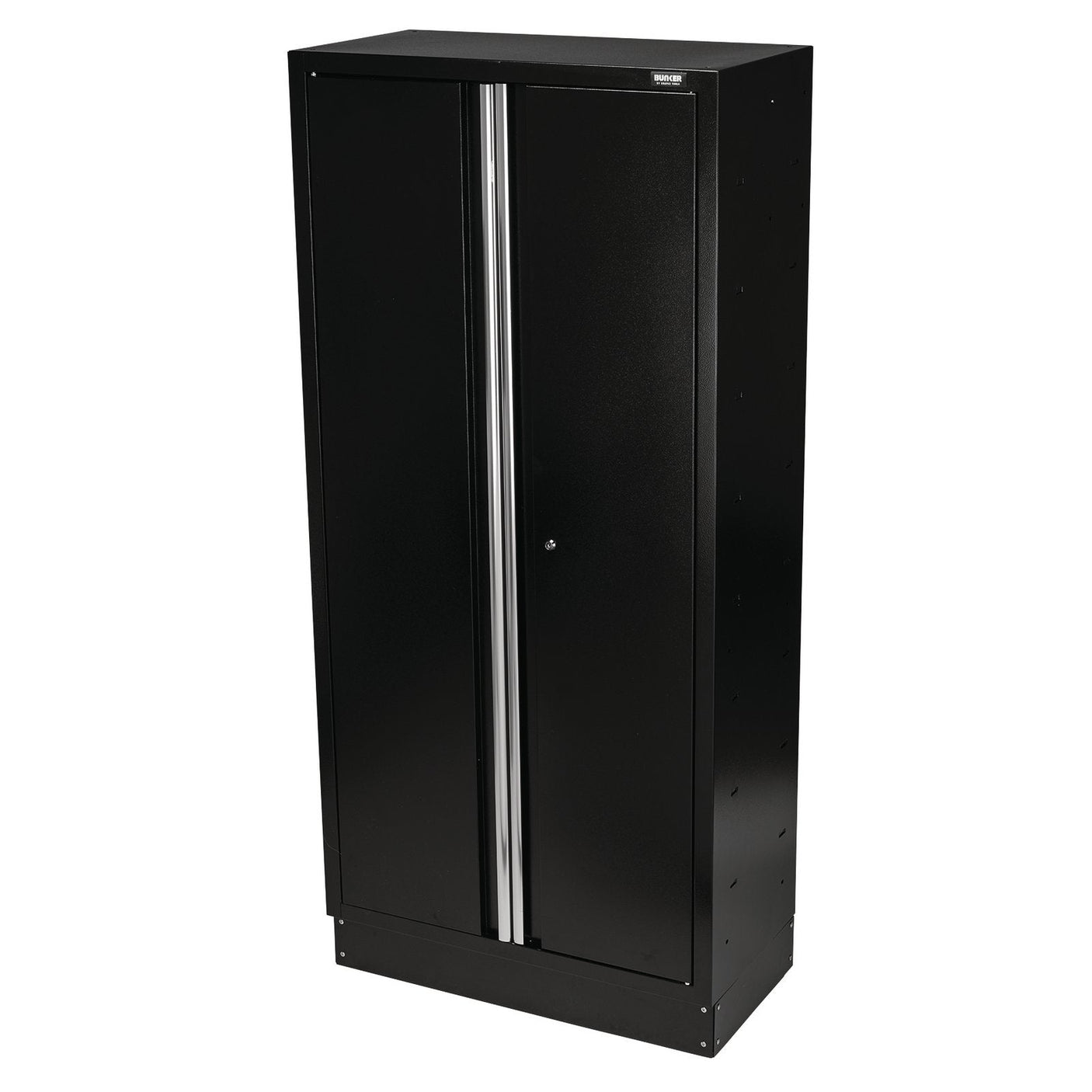 Introducing the Draper Bunker® Modular Tall Floor Cabinet, 2 Door, 915mm - MS400-2TC. This robust steel cabinet from Draper's renowned BUNKER® modular storage system boasts double doors with a sleek silver vertical handle running down the front middle. The black metal design is enhanced by a durable powder-coated finish for long-lasting use.