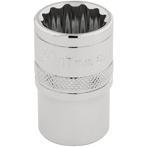 The Draper Hi-Torq® 12 Point Socket, 1/2" Sq. Dr., 17mm - H-MM/B is a silver socket wrench attachment made of durable chrome vanadium steel, featuring a textured grip and a precise 12-point socket opening.