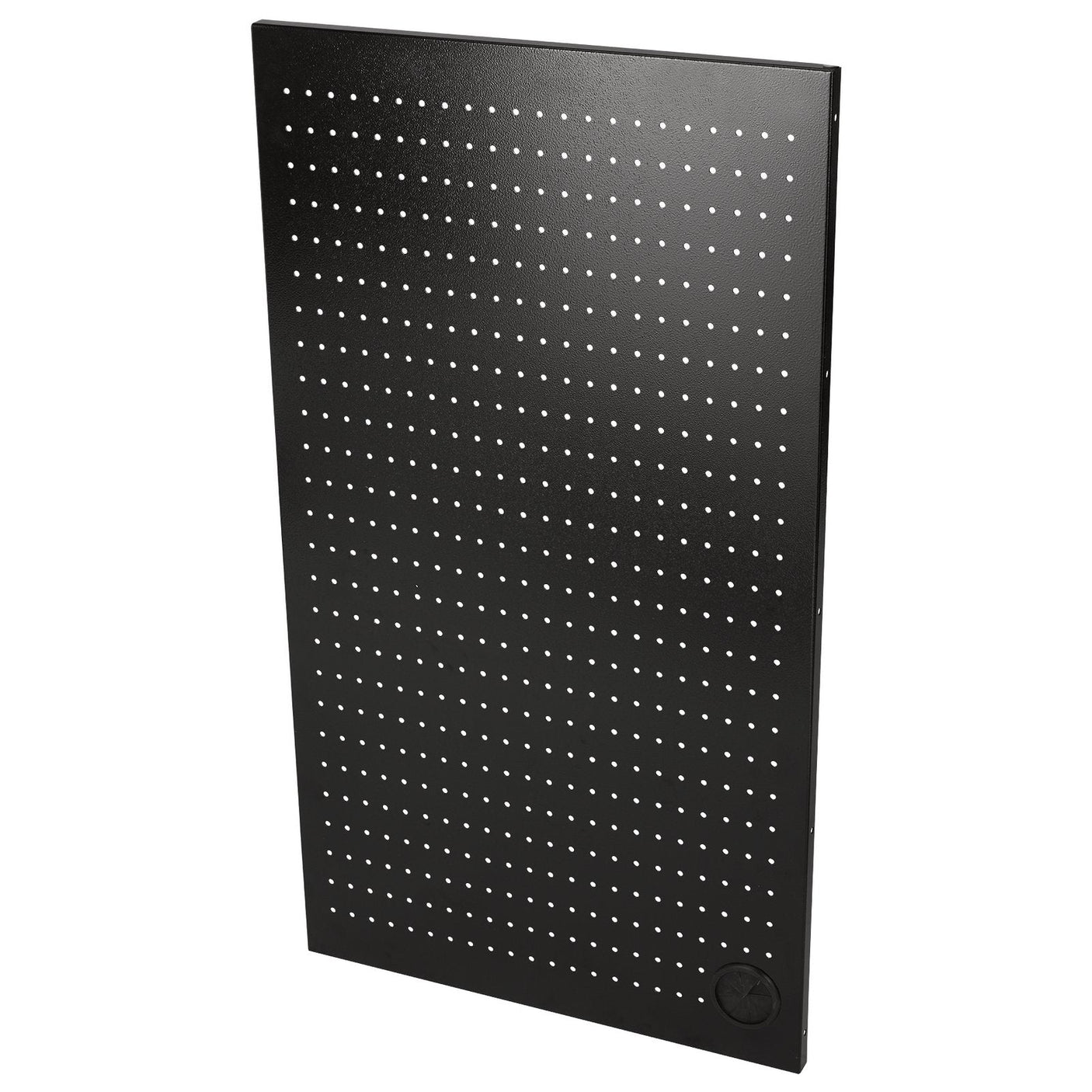 The Draper Bunker® Modular Back Panel/Pegboard, 602mm - MS400-PB is a black perforated metal panel with small, evenly spaced holes, crafted from premium-quality steel and finished with an industrial powder coating for the BUNKER® modular storage system.